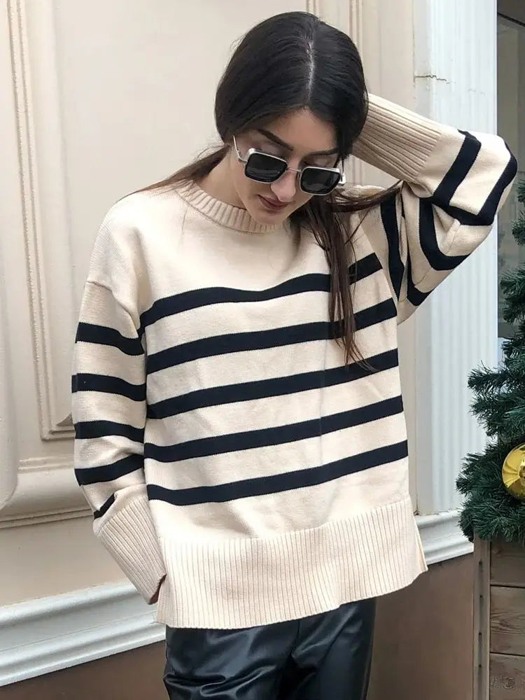 Ladies Striped Knitted Basic Thick Loose Winter Sweater Women Warm Pullover Tops Casual Streetwear Women Sweater Female Jumper 3k