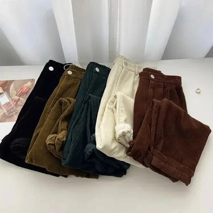 Retro High Waist Corduroy Pants Women Spring Fall Straight Causal Full Length Trousers Korean Fashion Baggy All Match Black Pant Gs