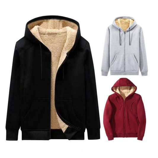 Men Winter Coat Thick Soft Plush Hooded Coat Zip Up Cardigan Long Sleeve Drawstring Pockets Casual Men Jacket