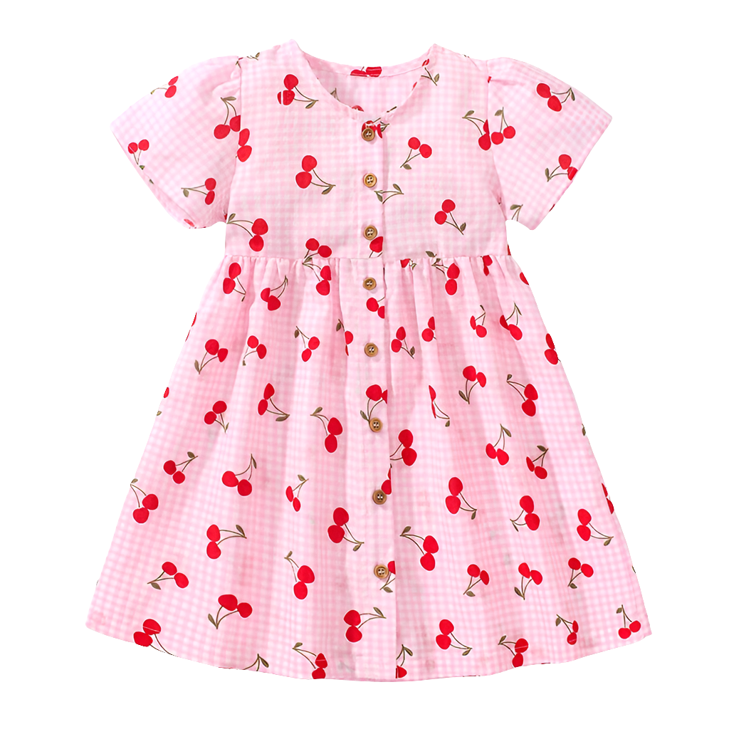 Children's Clothing 2025 Baby Girls Pink Dresses Cartoon Cherry Summer Holiday Dresses Kids Clothes Party Dress asu