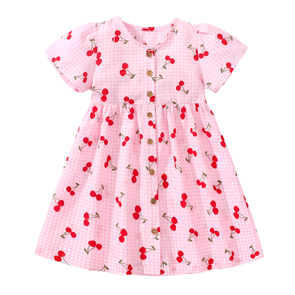 Children's Clothing 2025 Baby Girls Pink Dresses Cartoon Cherry Summer Holiday Dresses Kids Clothes Party Dress asu