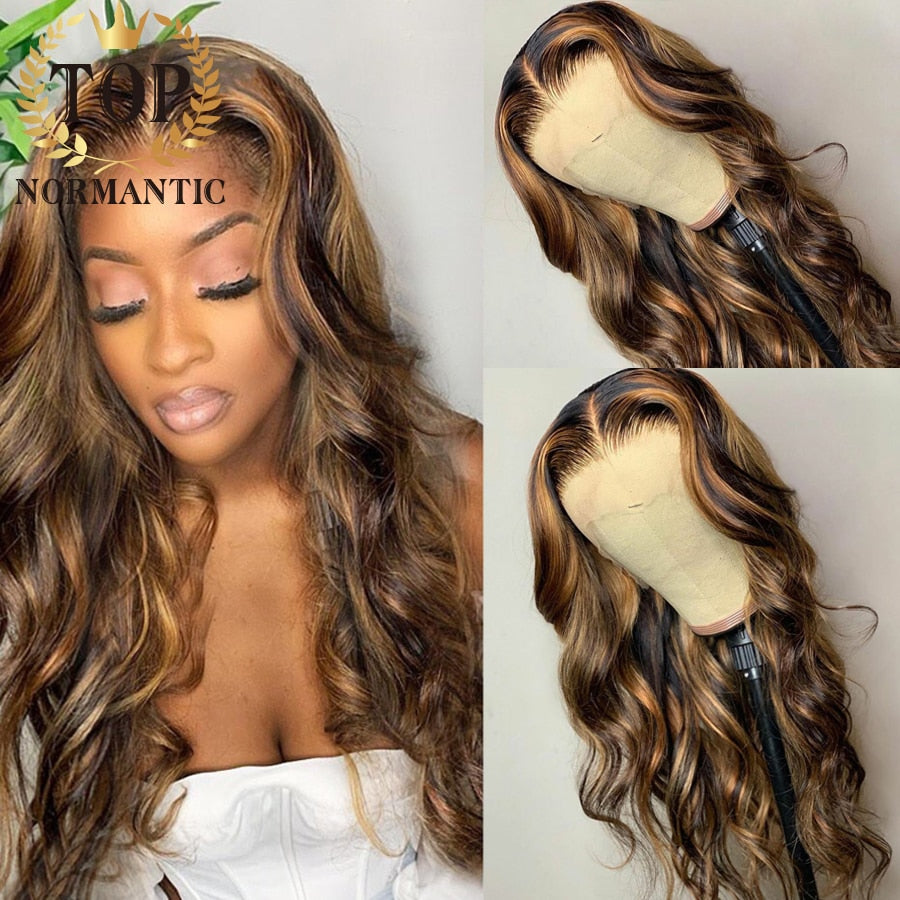 Topnormantic Highlight Color Brazilian Remy Human Hair Wigs with Baby Hair 13x4 Lace Front Blonde Color Loose Wave Wig