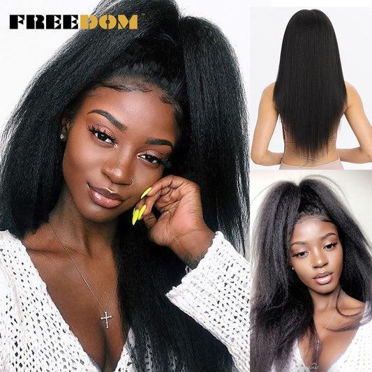 FREEDOM Synthetic Lace Front Wigs For Black Women Yaki Straight Long 26inch perruque Lace Wig Baby Hair Heat Resistant Fiber