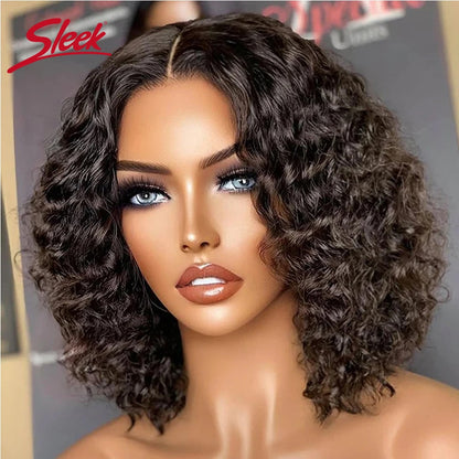 HD Lace Deep Curly Hair Bob Wigs Natural Black Color Lace Front Part Bob Wigs 250% Density Sleek Brazilian Remy Human Hair Wigs