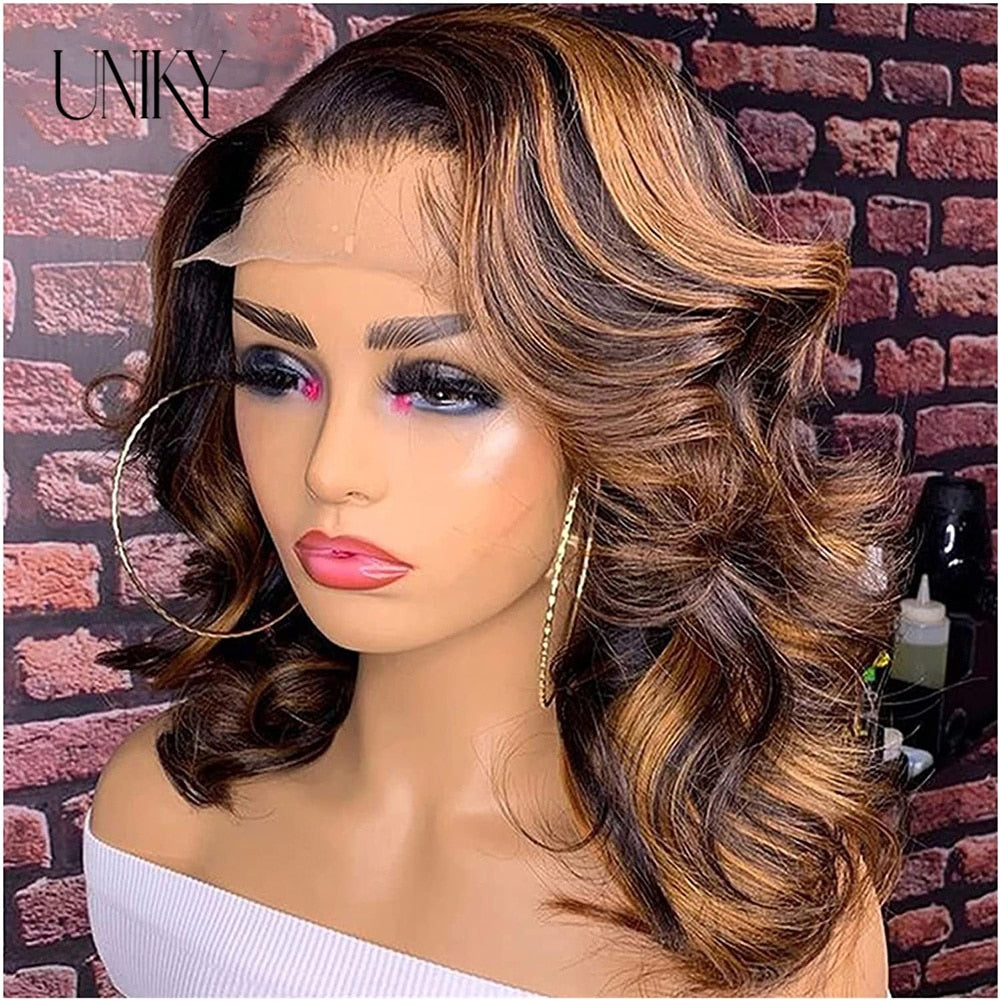 Highlight Bob Wig Perruques Bob Court Cheveux Humains Body Wave Bob Wig Human Hair Ombre Colored Wig Wet AndWavy T Part Lace Wig