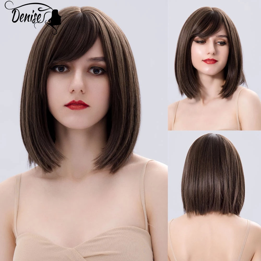 Short  Bob Wig Brown Straight Hair Synthetic Wigs With Bangs For White Women Nutural Cosplay Lolita Heat Resistant Perruque